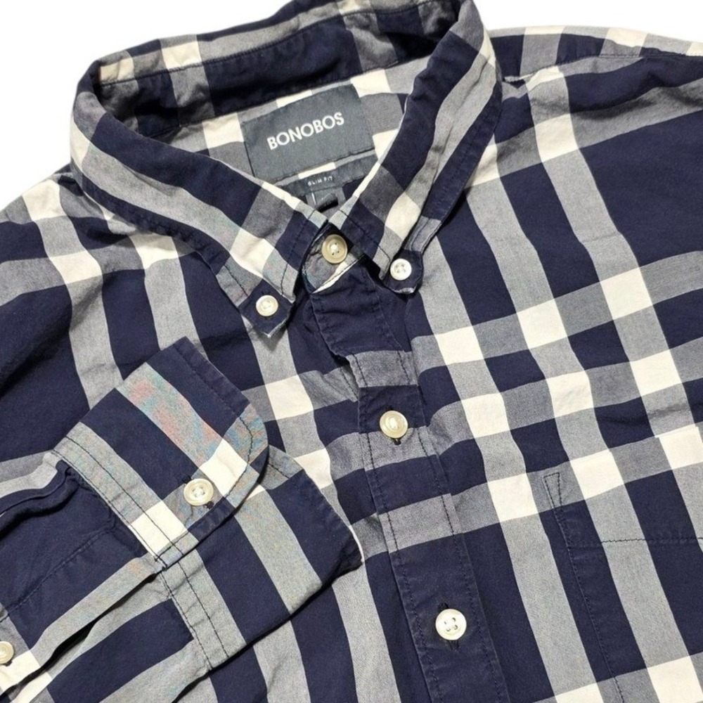 Bonobos Button Down Shirt Men XL Navy White Checkered Slim Fit Long Sleeve